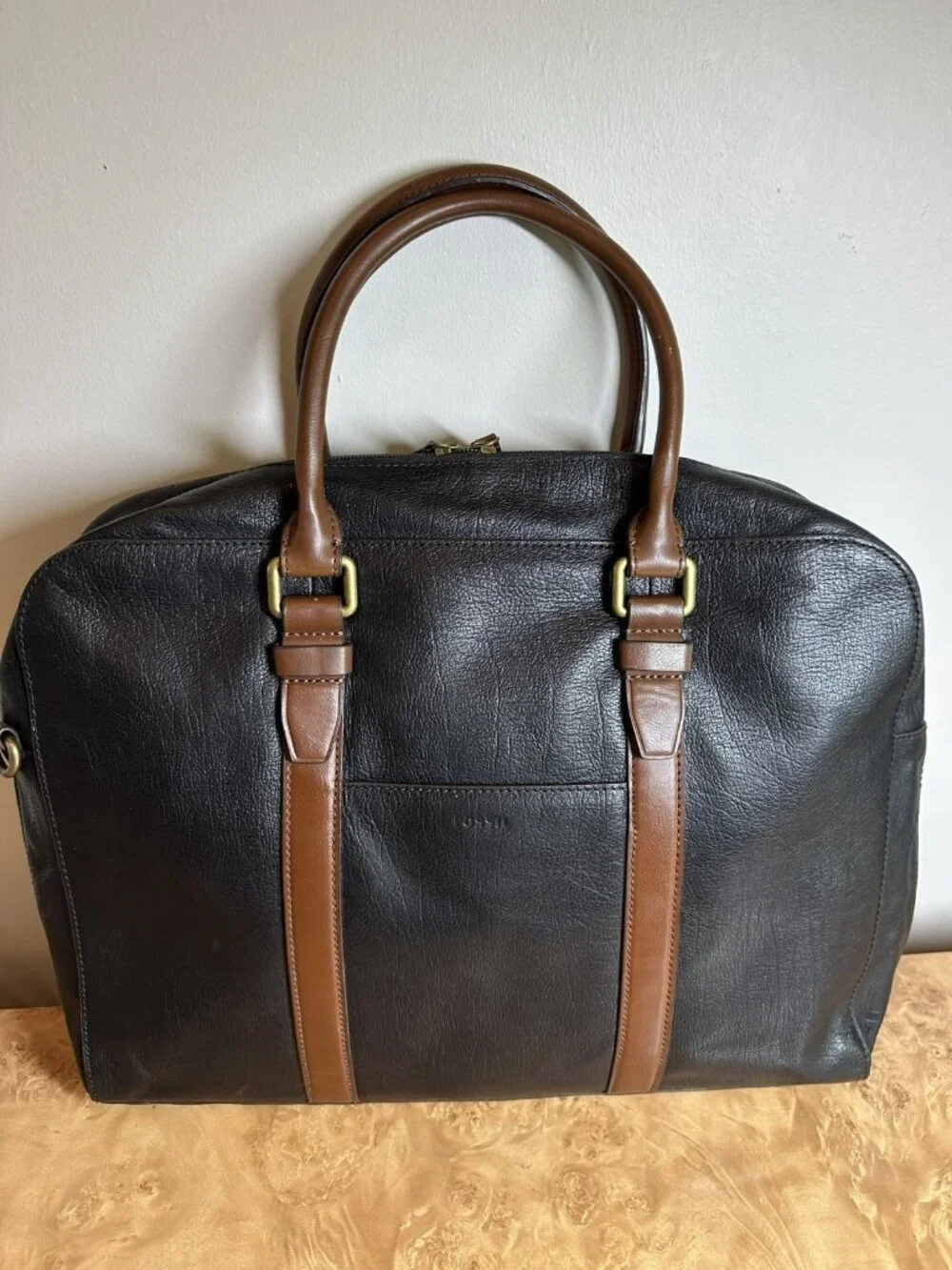 Fossil Black Brown Leather Briefcase Laptop Messenger Business Travel Bag